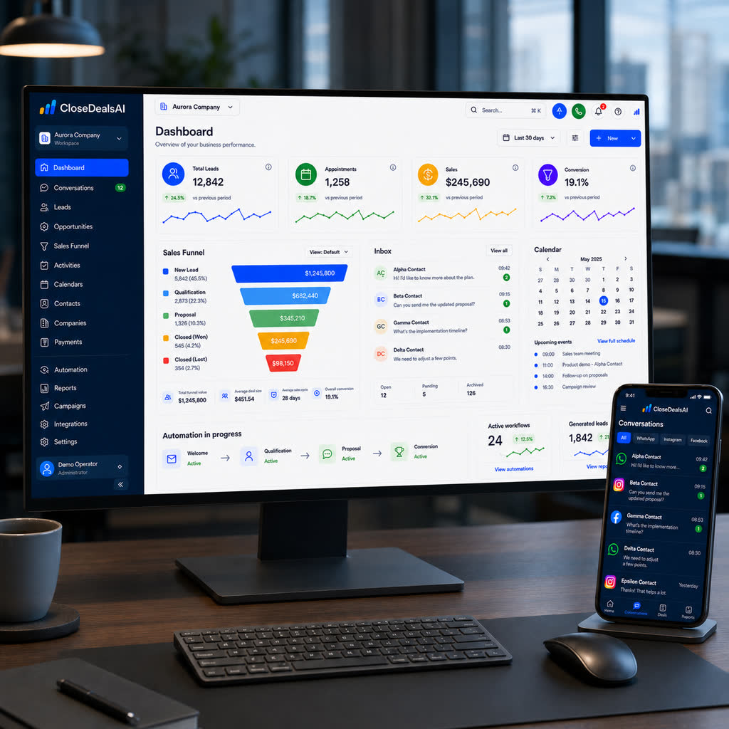 Modern B2B sales desk with laptop showing CRM pipeline dashboard and smartphone with WhatsApp meeting booking confirmation. Clean professional atmosphere, navy blue and teal color palette.